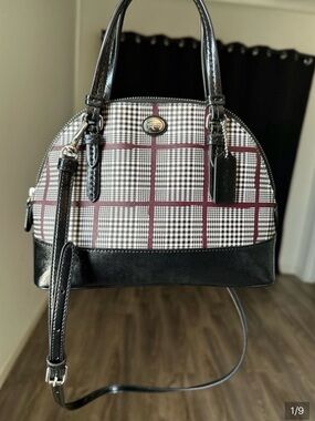 Coach Black Leather & Burgundy Plaid Dome Satchel